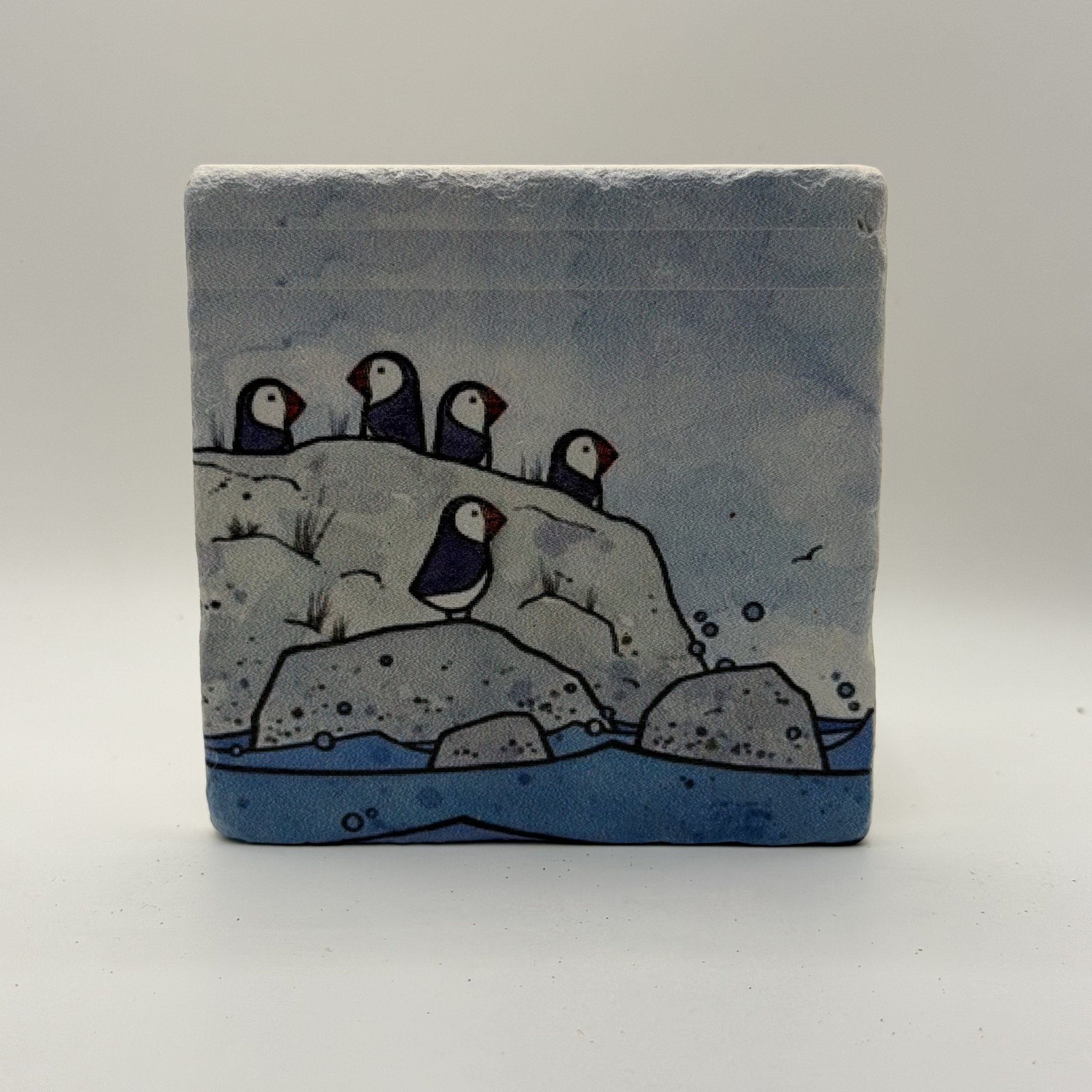 Penguins Natural Travertine Stone Coaster artwork