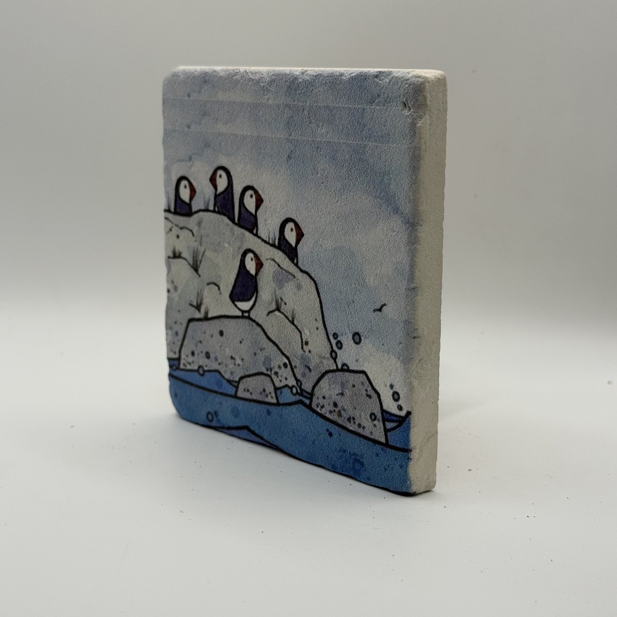 Penguins Natural Travertine Stone Coaster artwork