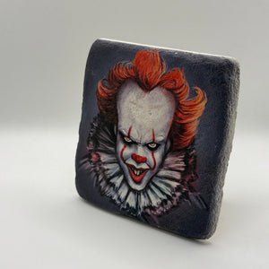 Pennywise artwork printed on square travertine stone coaster