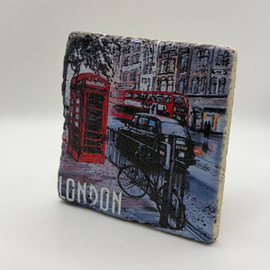 Phone box and black cab artwork printed on square travertine stone coaster