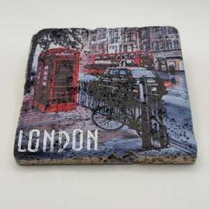 Phone box and black cab artwork printed on square travertine stone coaster