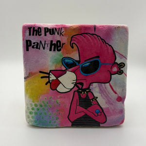 Pink Panther artwork printed on square travertine stone coaster