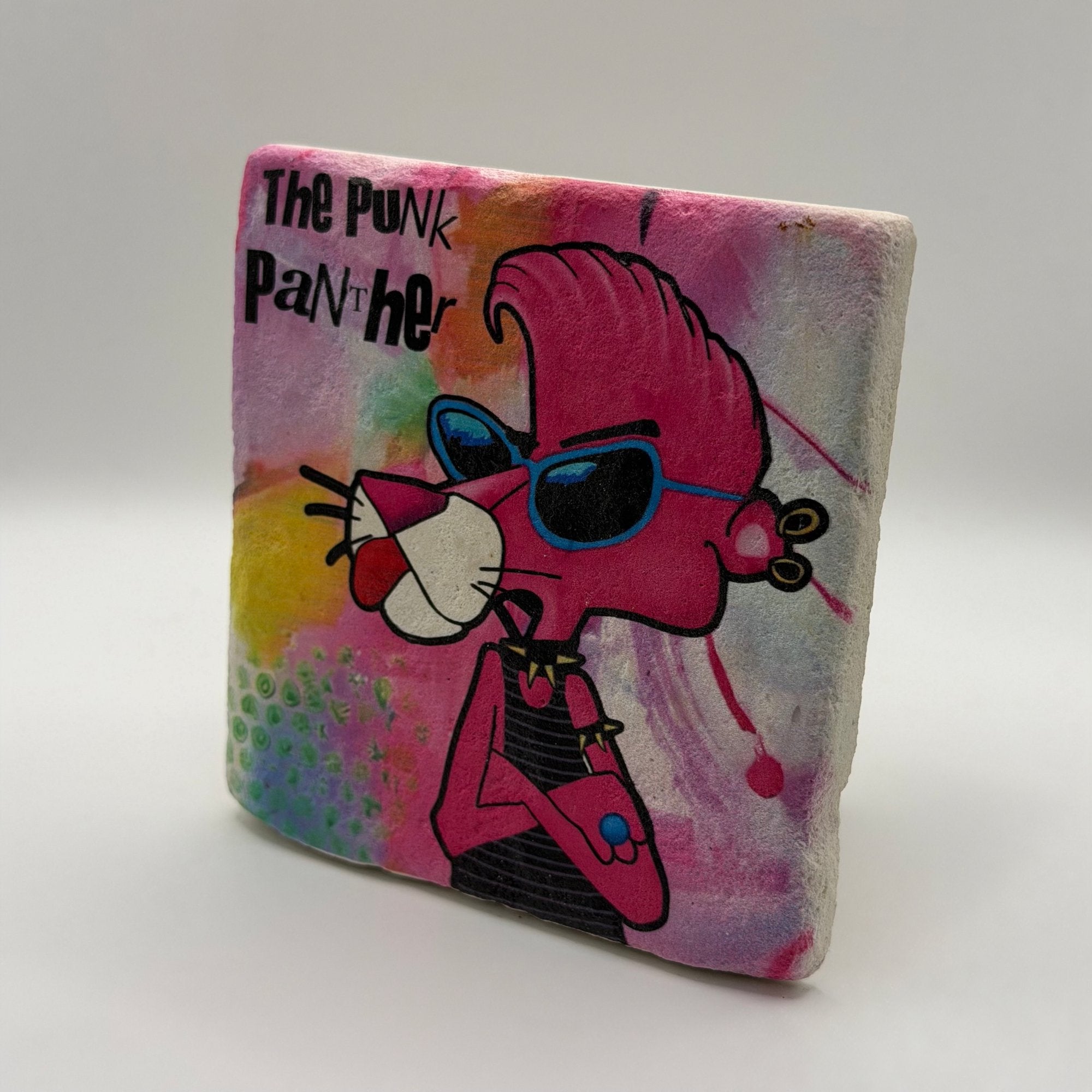 Pink Panther artwork printed on square travertine stone coaster