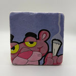 Pink Panther character artwork printed on square travertine stone coaster