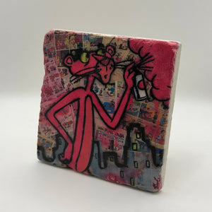 Pink Panther artwork printed on square travertine stone coaster
