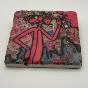 Pink Panther artwork printed on square travertine stone coaster