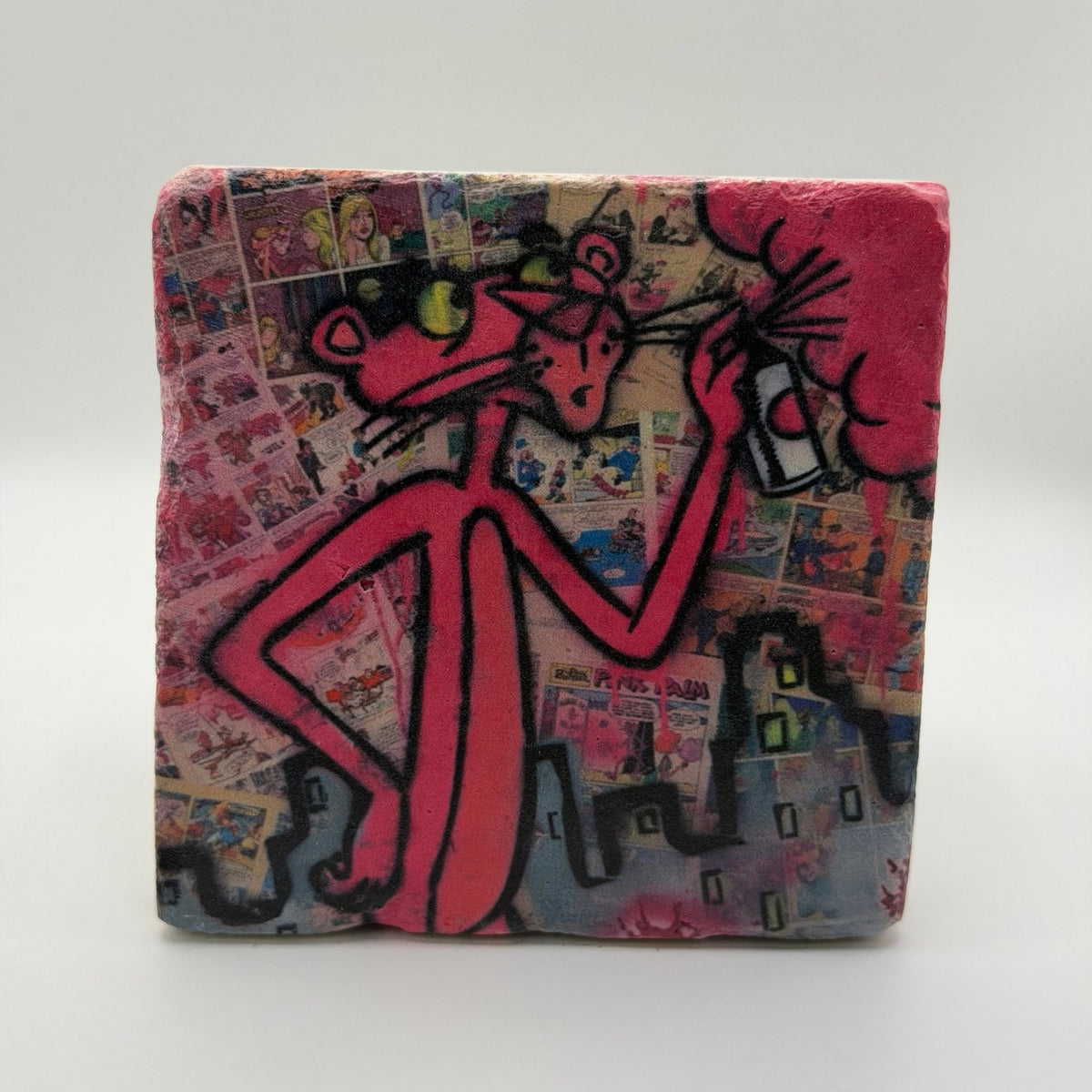 Pink Panther artwork printed on square travertine stone coaster