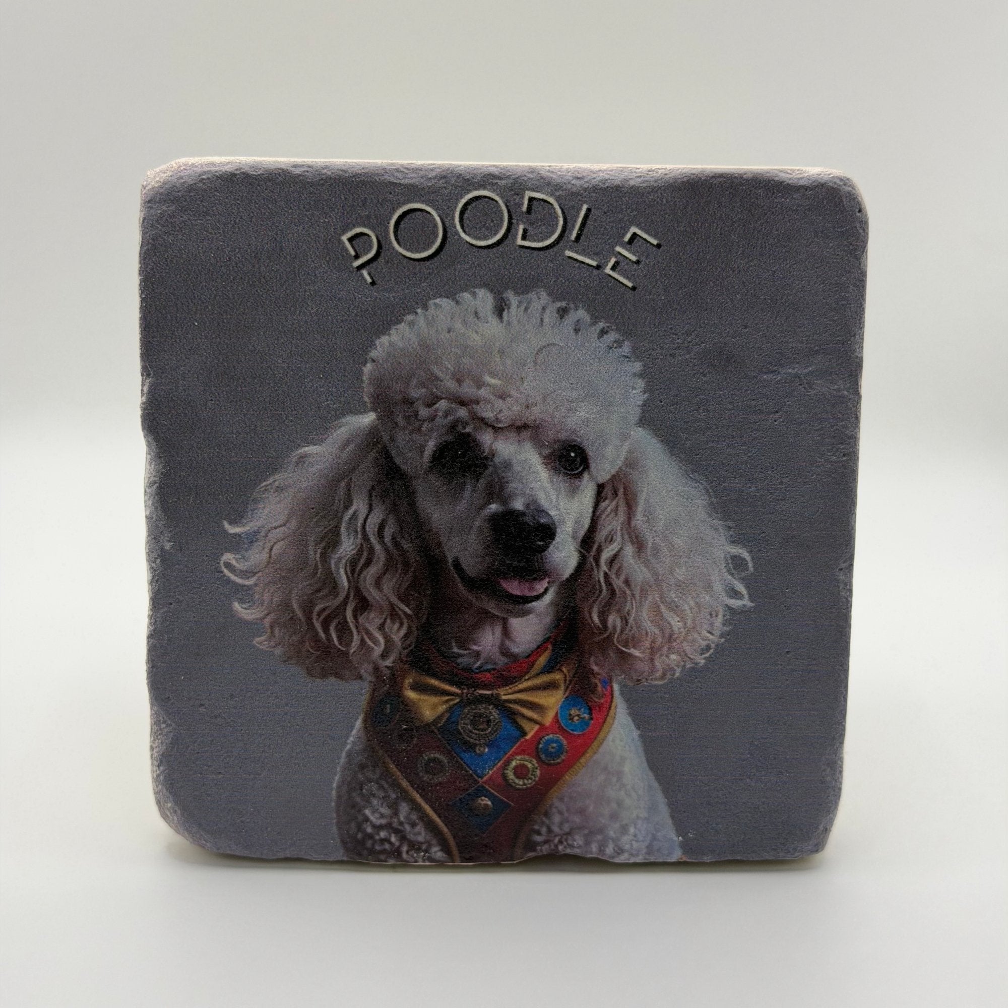 Cute poodle artwork printed on square travertine stone coaster