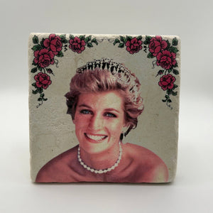 Princess Diana portrait printed on square travertine stone coaster