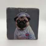 Cute pug artwork printed on square travertine stone coaster