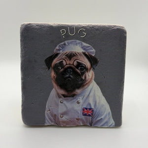 Cute pug artwork printed on square travertine stone coaster