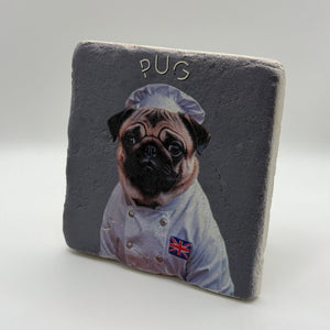 Cute pug artwork printed on square travertine stone coaster