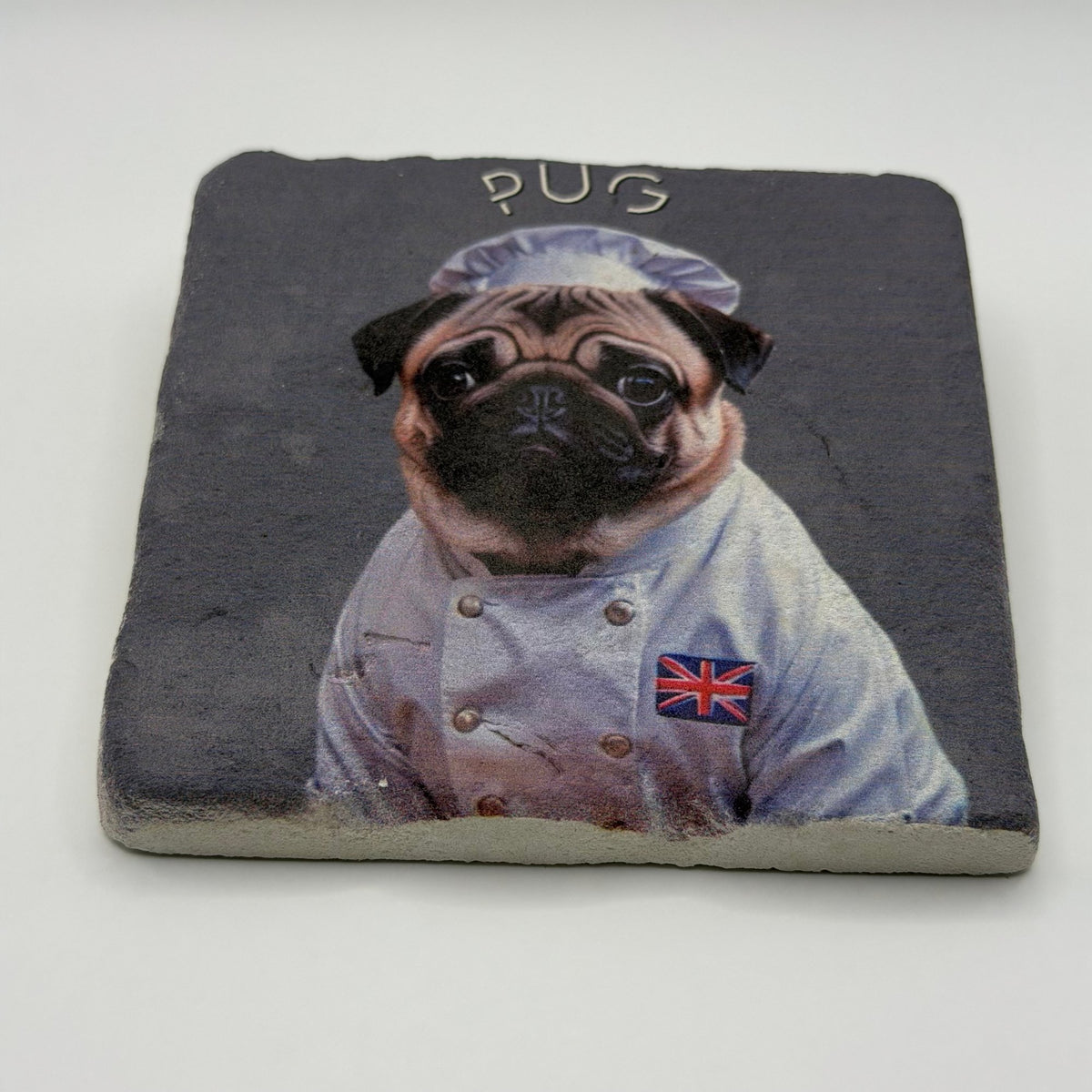 Cute pug artwork printed on square travertine stone coaster