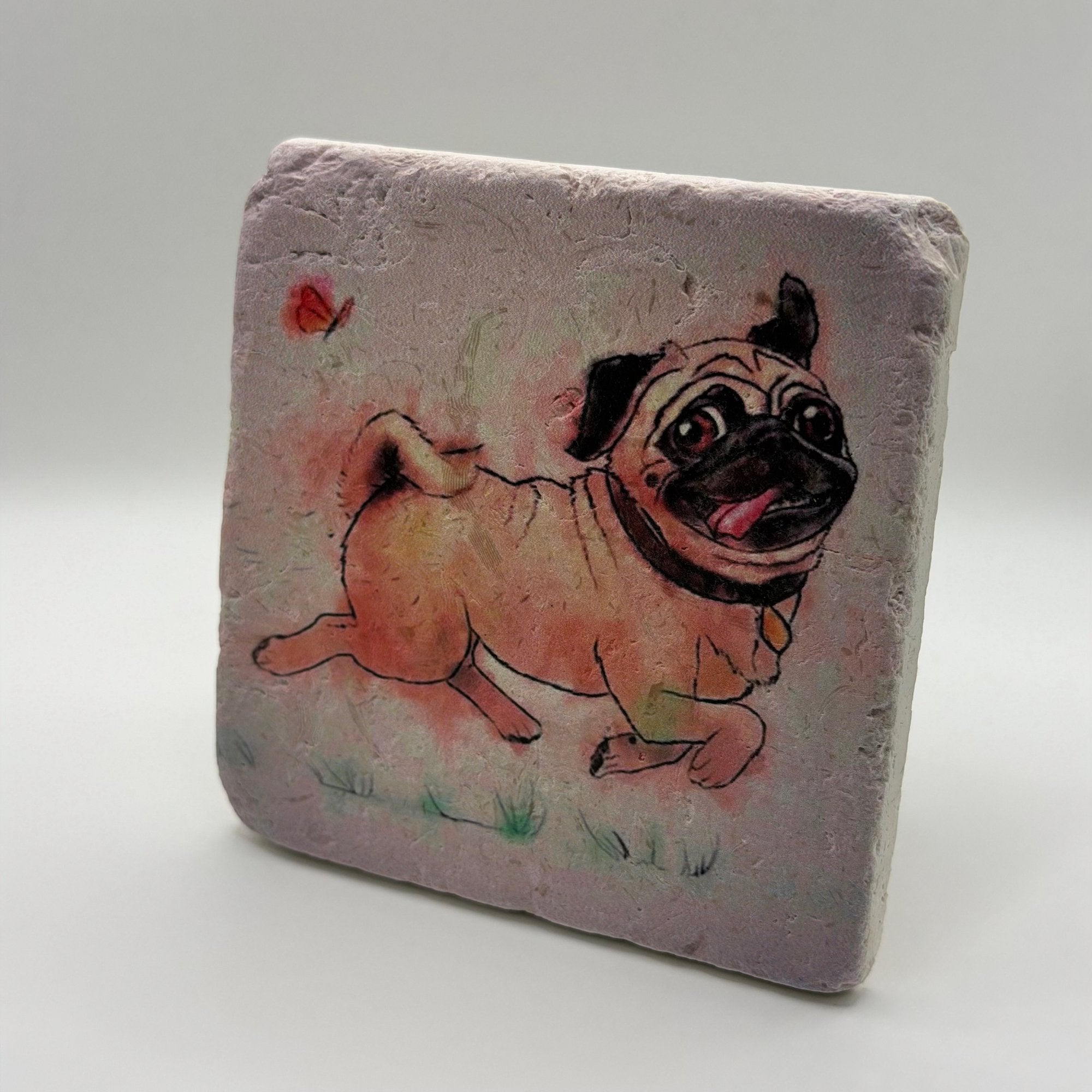Adorable pug illustration printed on square natural travertine stone coaster