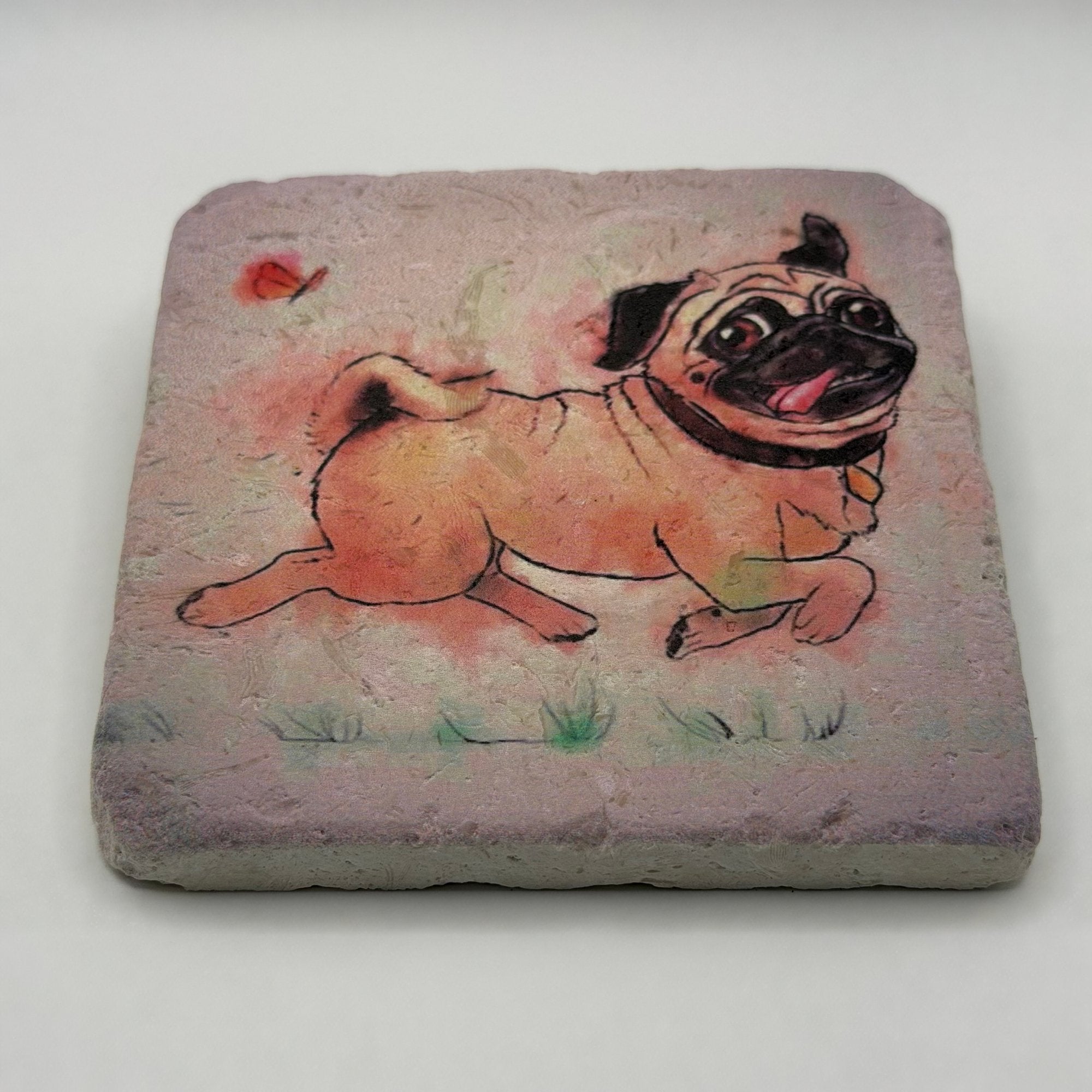 Adorable pug illustration printed on square natural travertine stone coaster