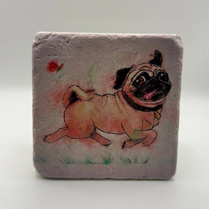Adorable pug illustration printed on square natural travertine stone coaster
