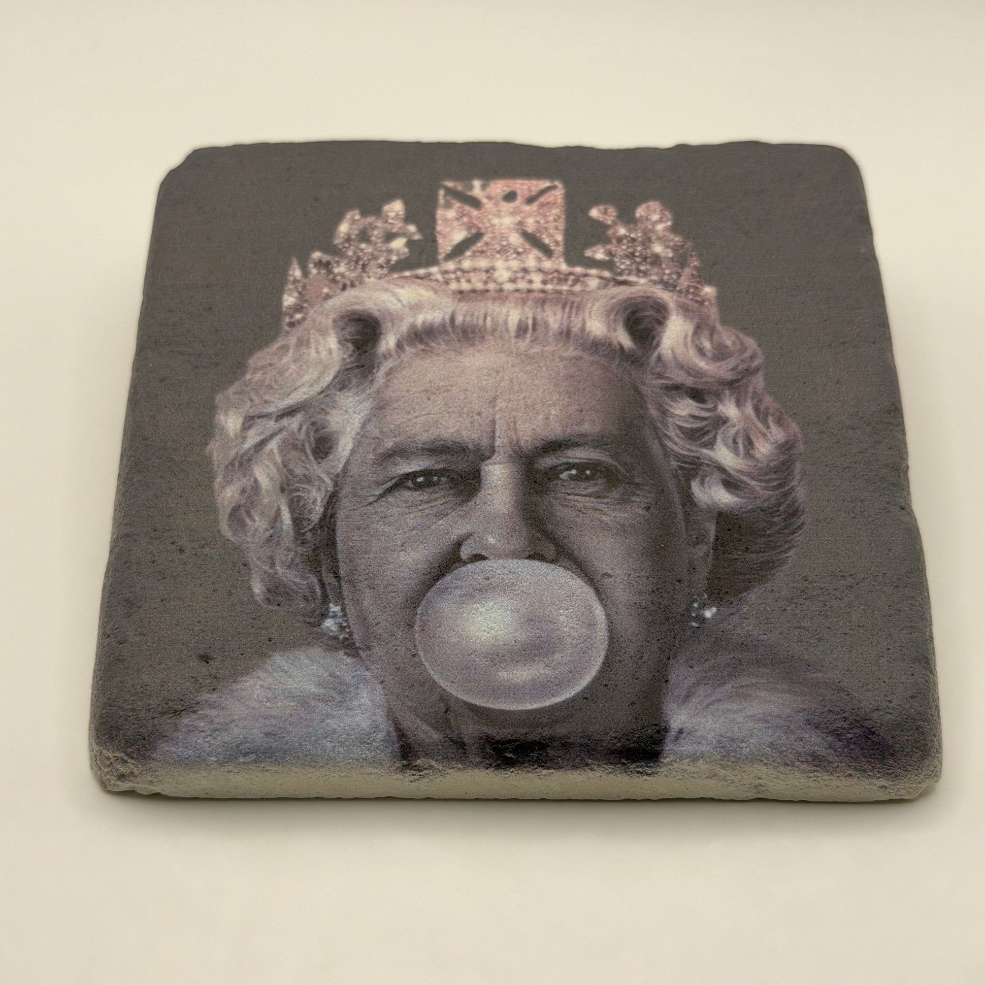 Queen Elizabeth portrait printed on square travertine stone coaster