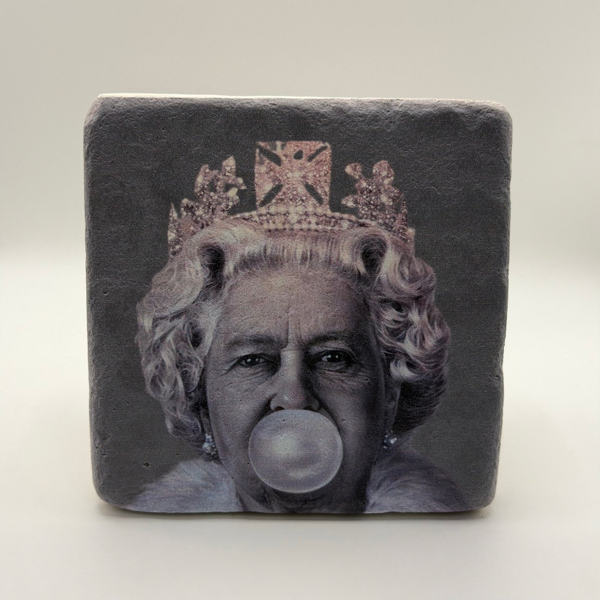 Queen Elizabeth portrait printed on square travertine stone coaster