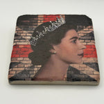 Queen Elizabeth brick wall artwork printed on square travertine stone coaster