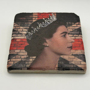 Queen Elizabeth brick wall artwork printed on square travertine stone coaster