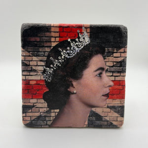 Queen Elizabeth brick wall artwork printed on square travertine stone coaster