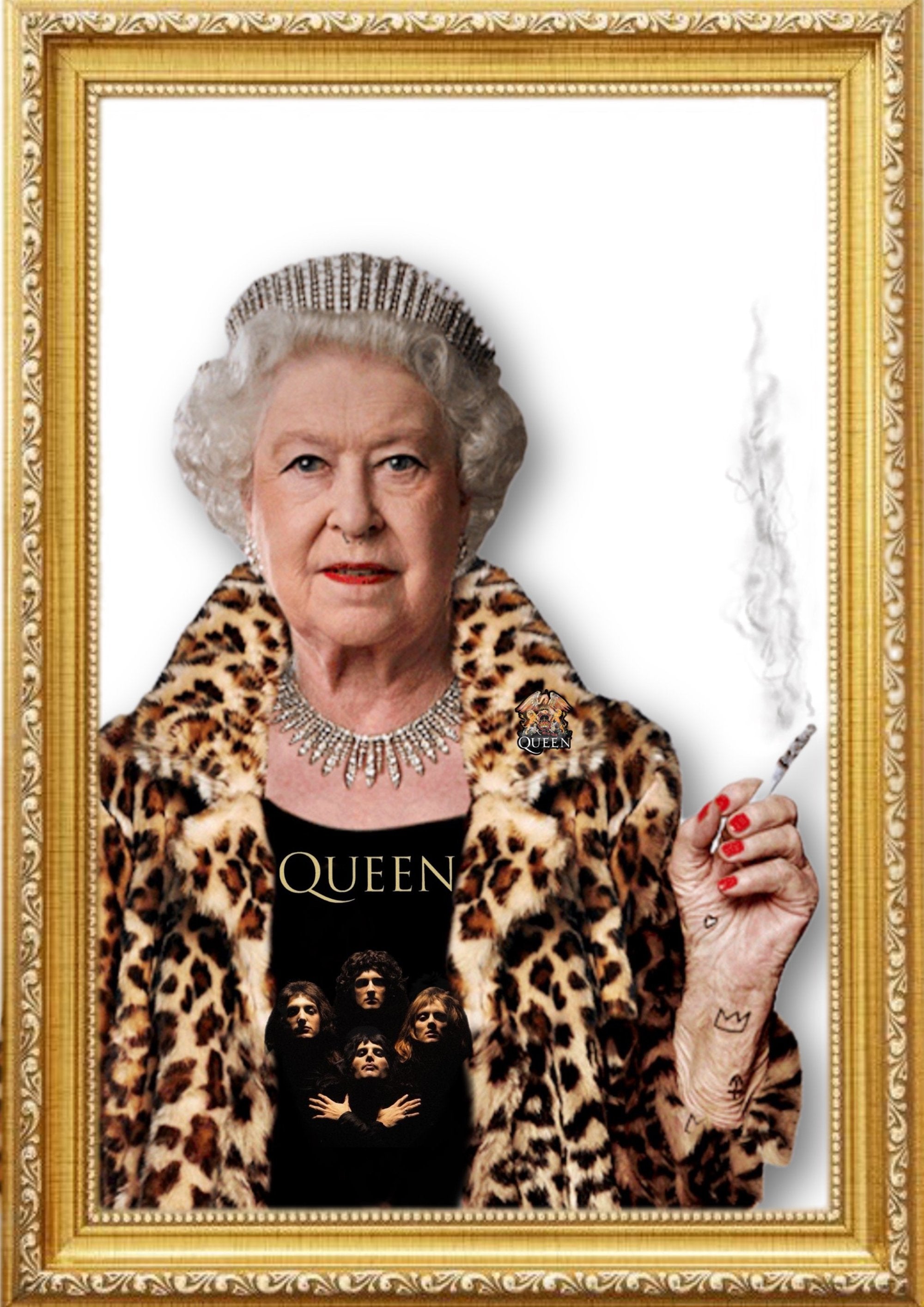 Queen Elizabeth Rebel artwork printed on MDF wall poster with ornate gold frame