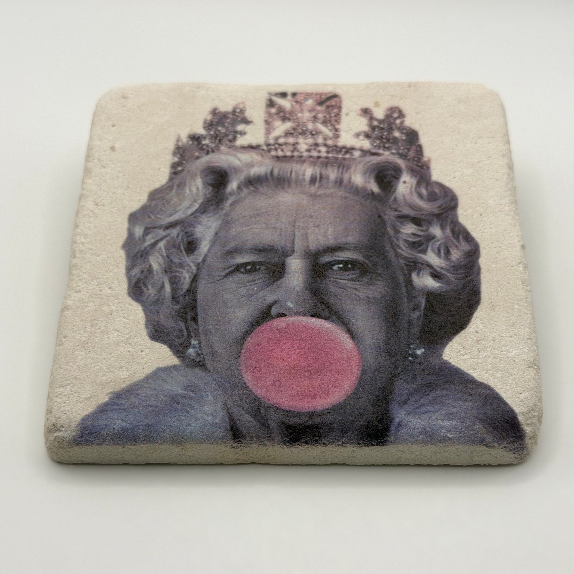 Pink bubble artwork printed on square travertine stone coaster
