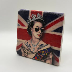 Queen Elizabeth II portrait printed on square travertine stone coaster