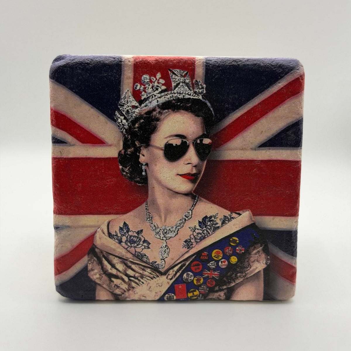 Queen Elizabeth II portrait printed on square travertine stone coaster