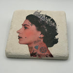Queen Elizabeth II portrait printed on square travertine stone coaster