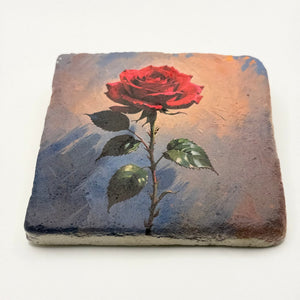 Vintage red rose artwork printed on square travertine stone coaster
