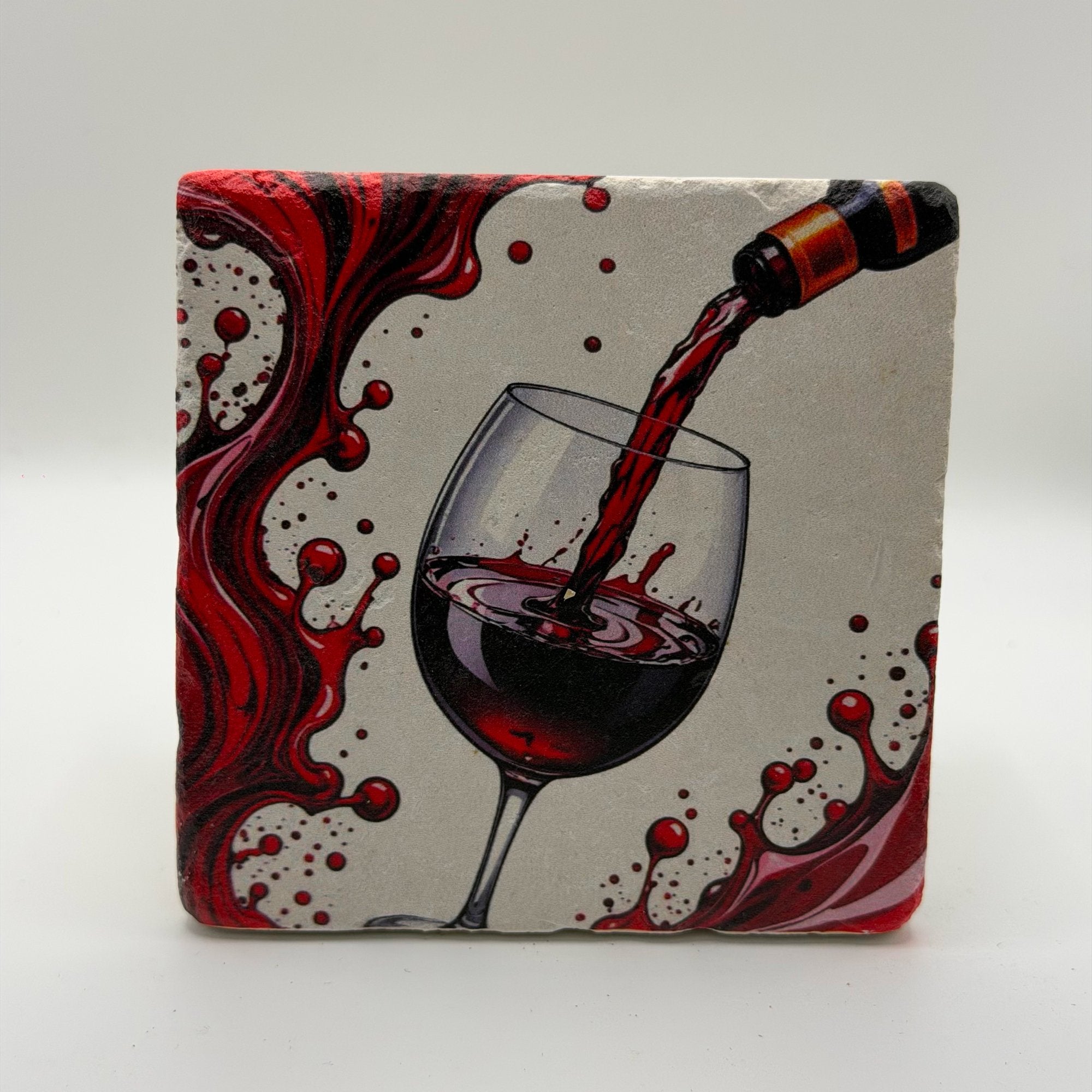 Red wine artwork printed on square travertine stone coaster