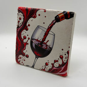 Red wine artwork printed on square travertine stone coaster