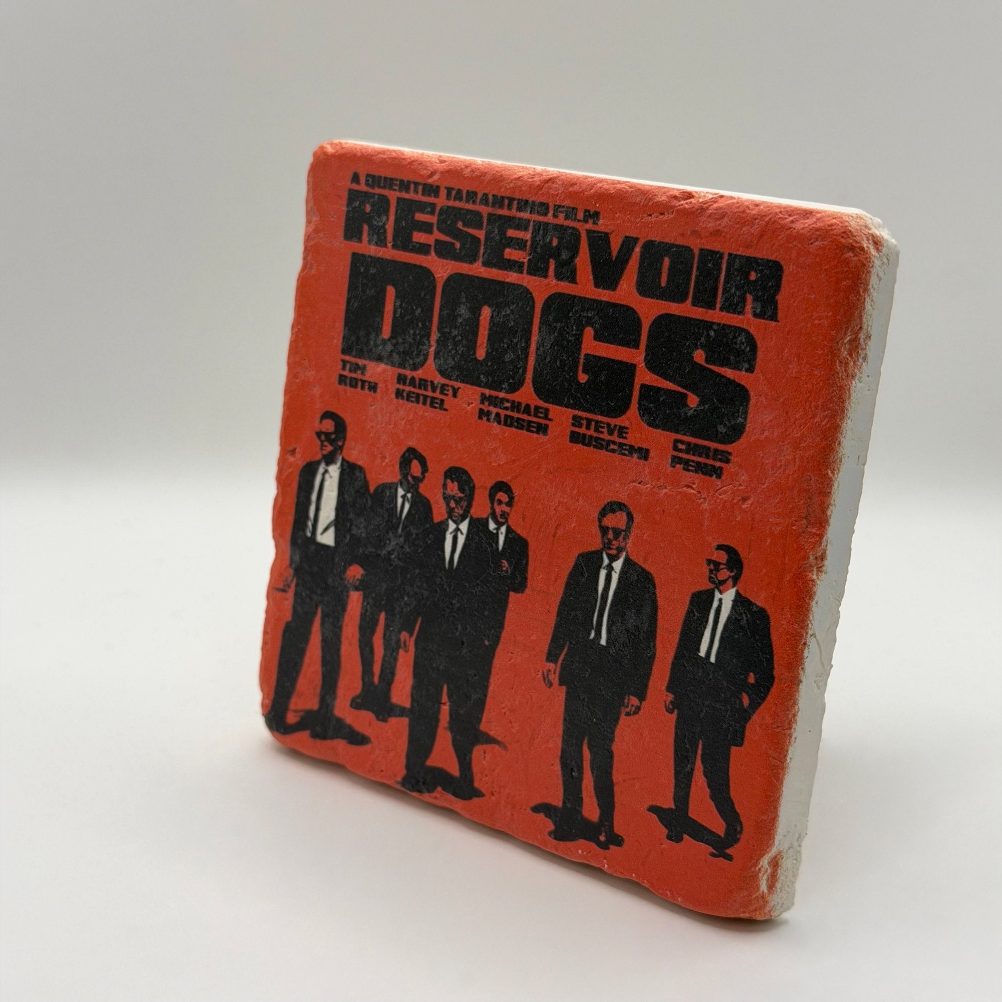 Reservoir Dogs artwork printed on square travertine stone coaster