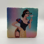 Vintage-style feminist quote printed on square travertine stone coaster