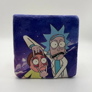 Rick and Morty characters printed on square travertine stone coaster