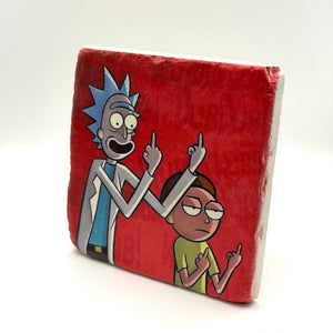 Rick and Morty character artwork printed on square travertine stone coaster