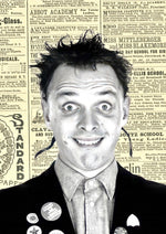 Rik Mayall vintage newspaper collage artwork printed on MDF wall poster