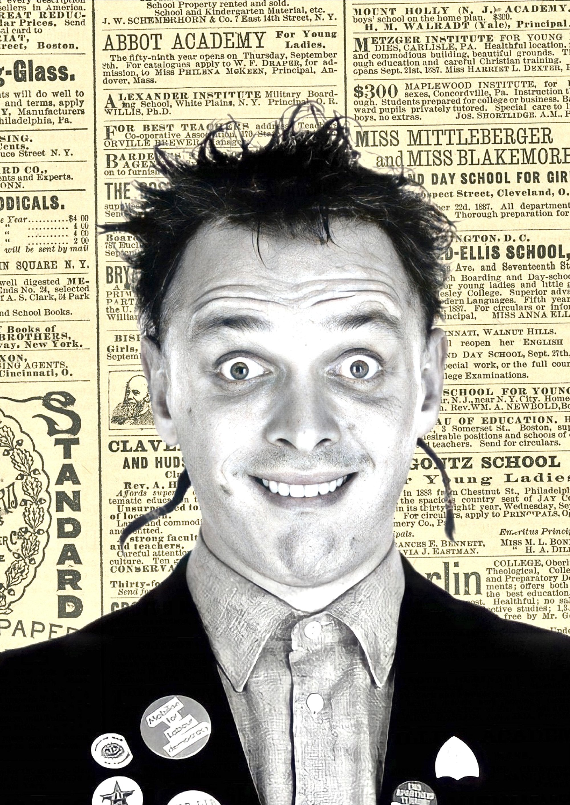 Rik Mayall vintage newspaper collage artwork printed on MDF wall poster