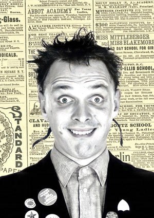 Rik Mayall vintage newspaper collage artwork printed on MDF wall poster