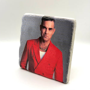 Robbie Williams portrait printed on square travertine stone coaster