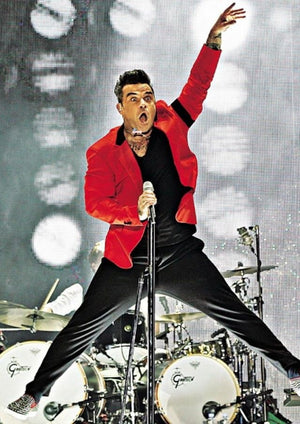Red jacket artwork from Robbie Williams printed on MDF wall poster