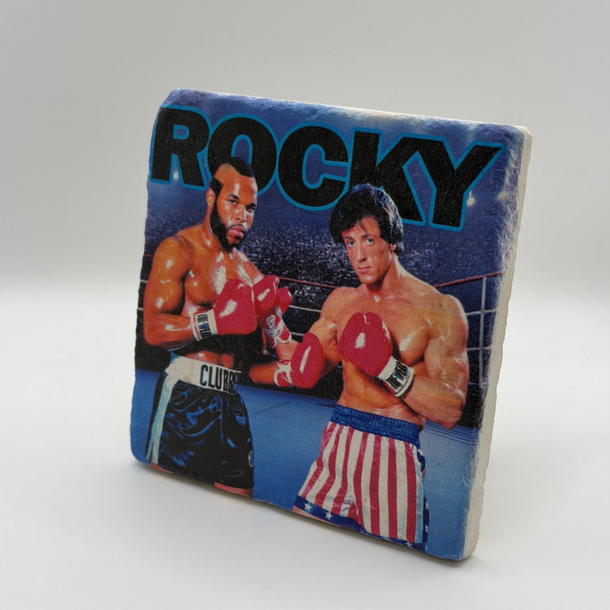 Rocky artwork printed on square travertine stone coaster