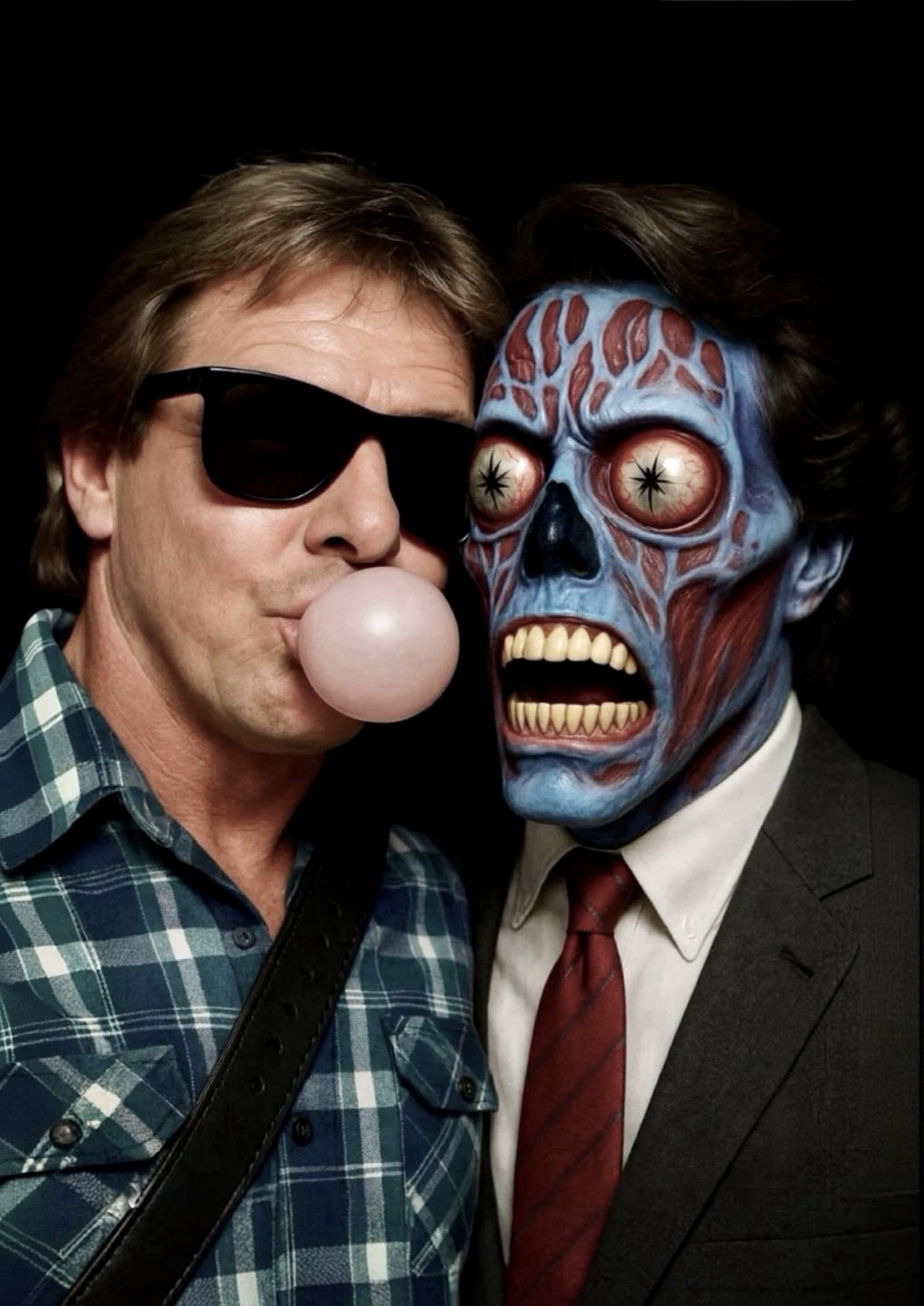 Roddy Piper as 'Rowdy' Roddy Piper and a chewing gum alien from the movie They Live printed on MDF wall poster