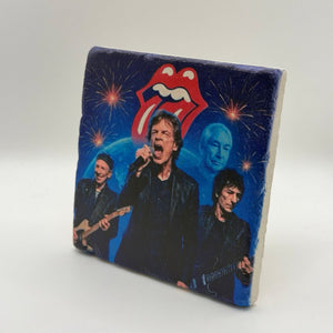 The Rolling Stones logo printed on square travertine stone coaster