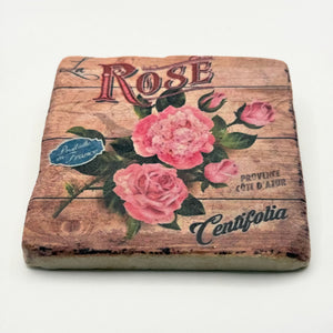 Vintage rose botanical design printed on square travertine stone coaster