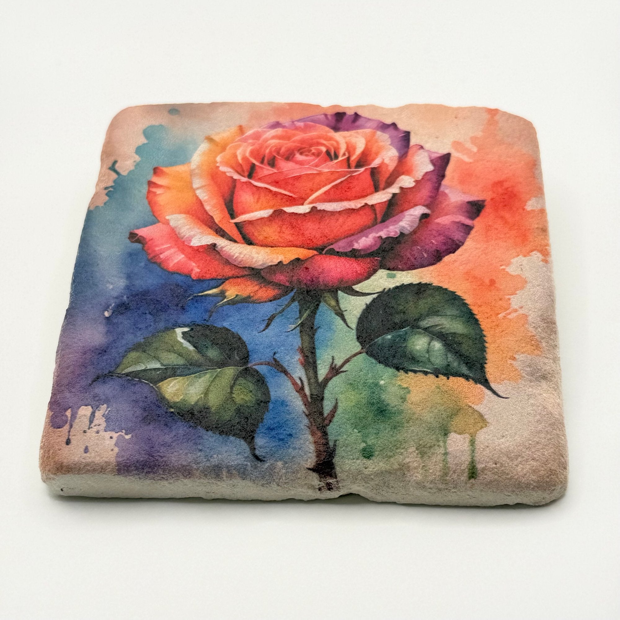 Vintage flower painting printed on square travertine stone coaster