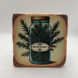 Rosemary artwork printed on square travertine stone coaster