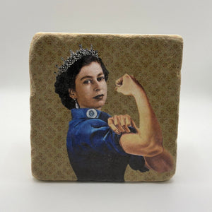Rosie the Riveter artwork printed on square travertine stone coaster