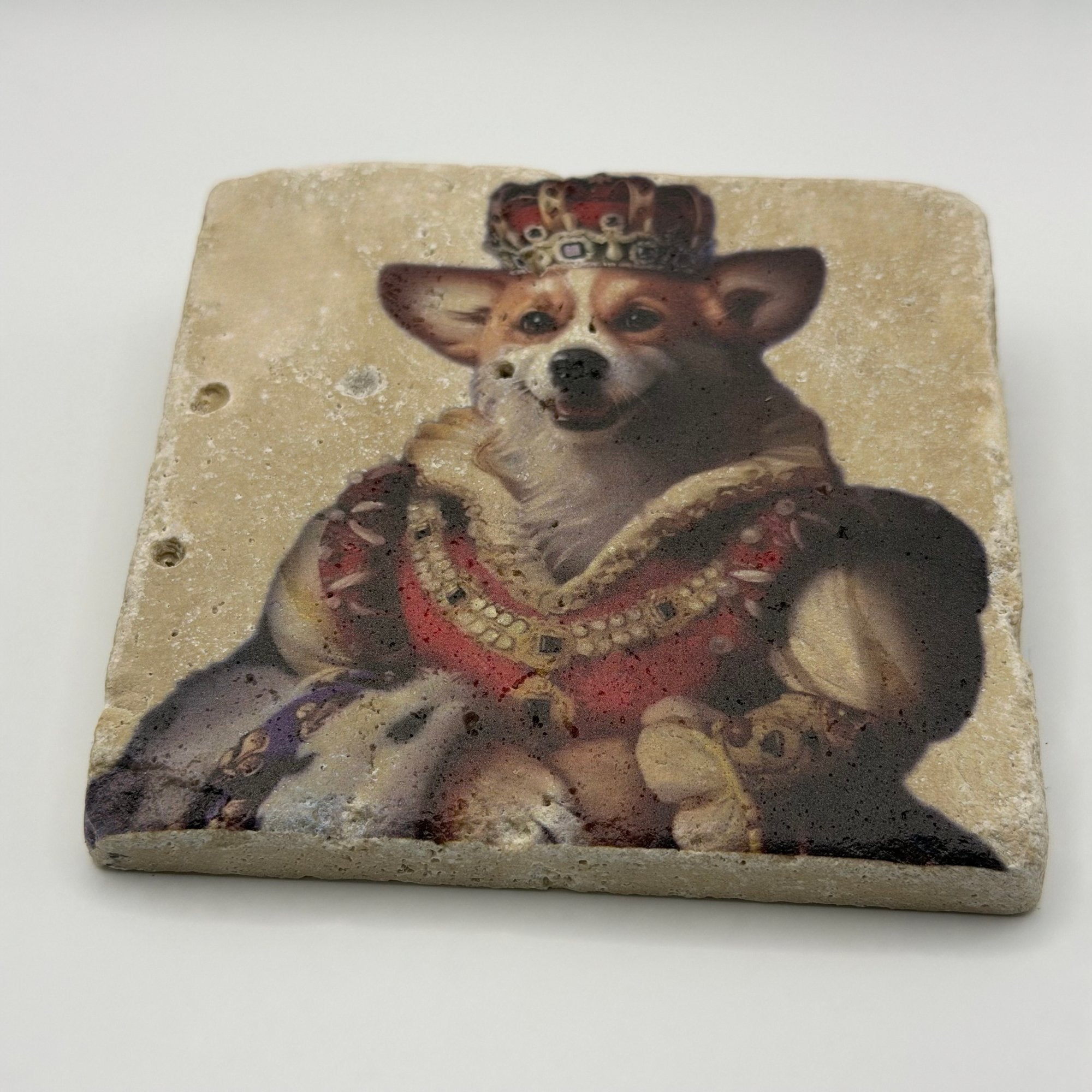 Adorable Royal Corgi artwork printed on square travertine stone coaster